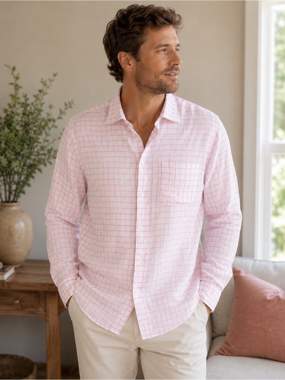 Finamore Napoli size L Men's linen blend Pink Windowpane Long-Sleeve Shirt